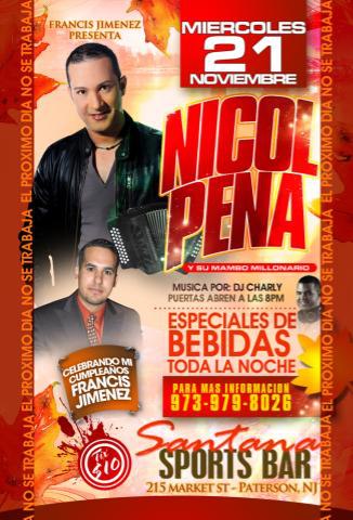 Evento: Miercoles 21 Nicol Peña En Vivo En @Santana’s Sports Bar al Otro Dia No Se Trabaja